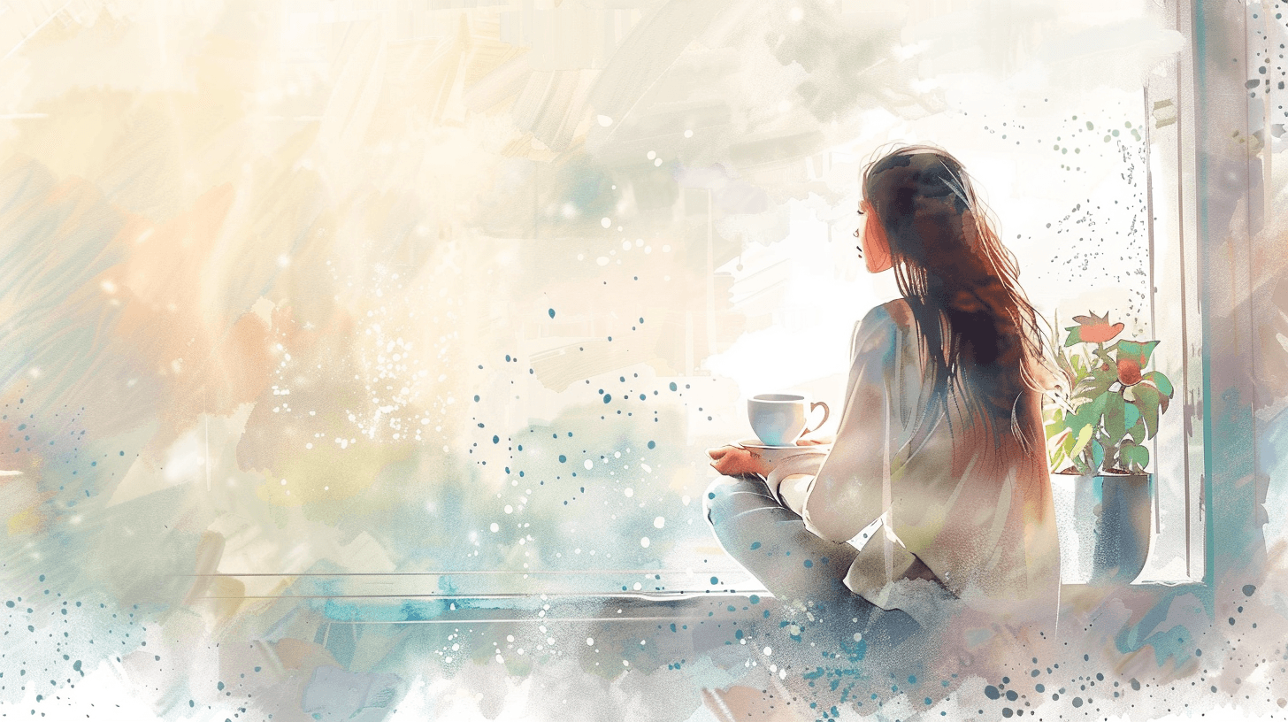 Woman sitting peacefully by window with rain outside, finding moments of solitude and calm